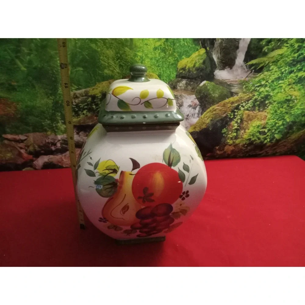 Nonnis Hand Painted Biscotti Jar with Lid Fruit Design 12 Inch Multicolor